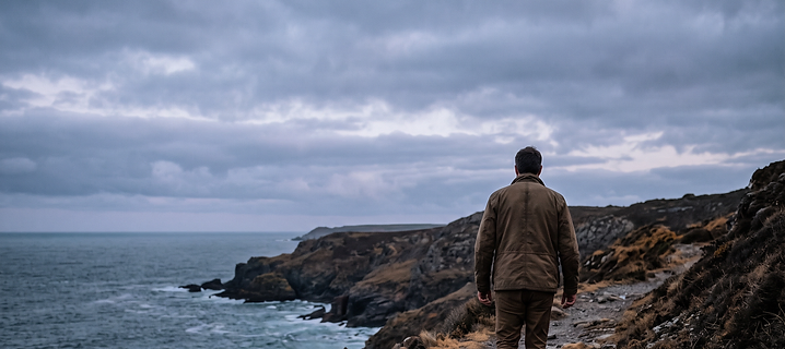 A man walking a rugged coastal path at dawn, the ocean below and an overcast sky ahead