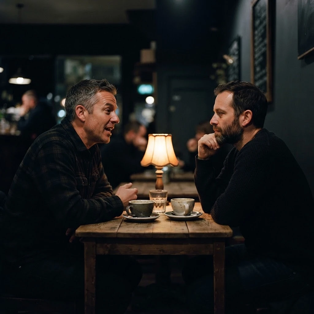 Two men sitting across a small table in low lamplight, one speaking honestly, the other listening