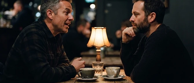 Two men sitting across a small table in low lamplight, one speaking honestly, the other listening