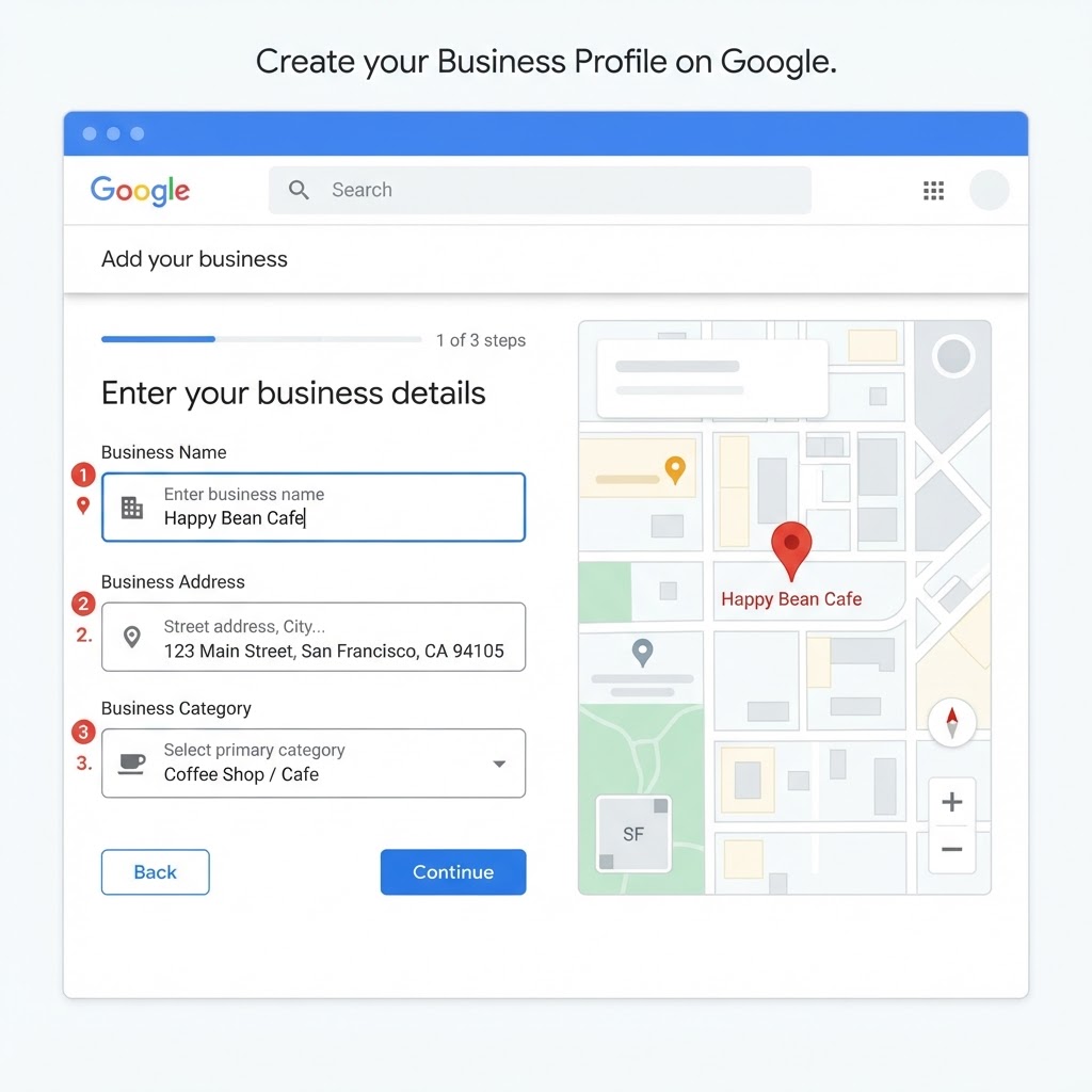 Formularz Google Business Profile — wybór kategorii i adresu firmy