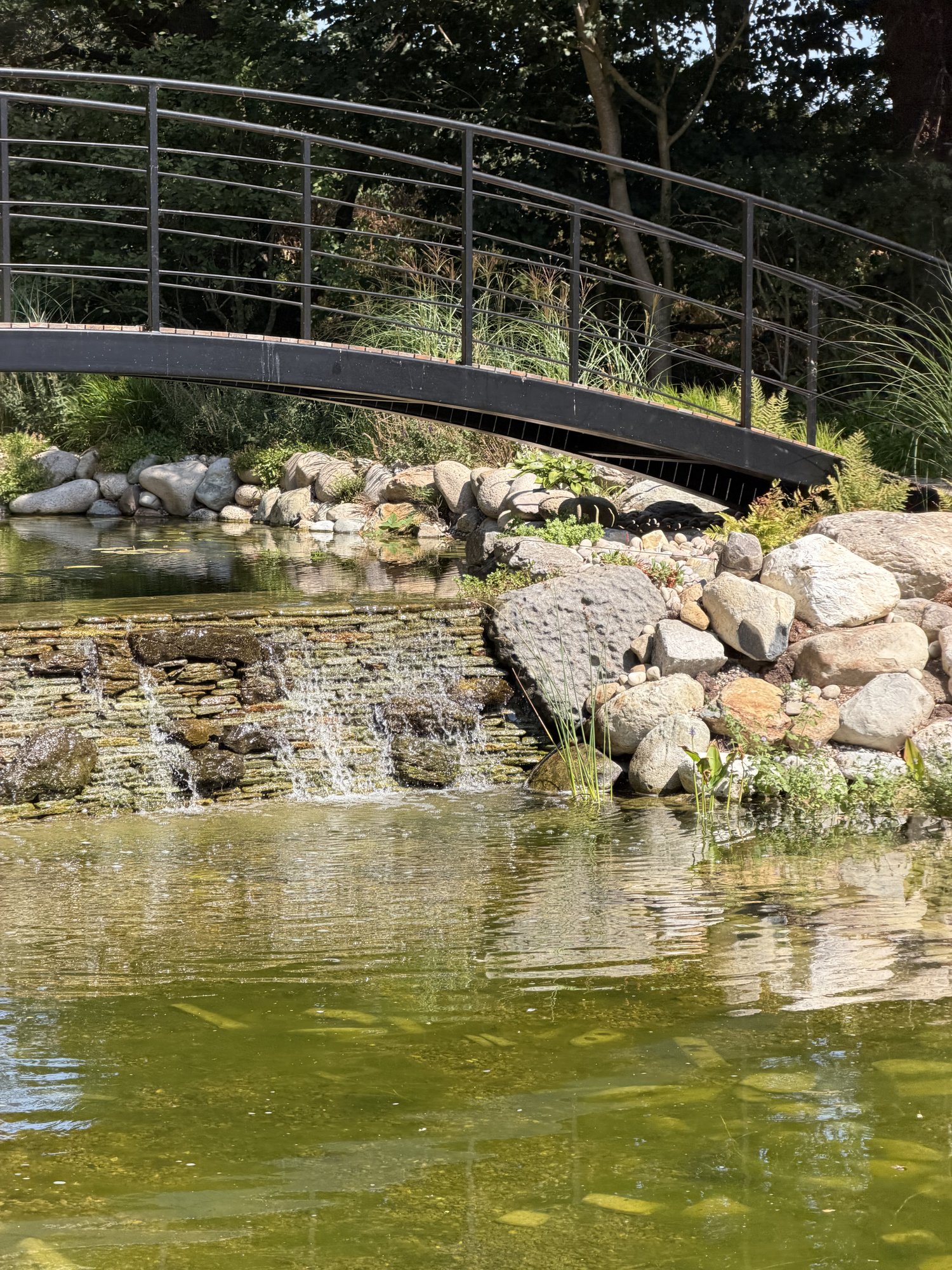 Tiered cascade beneath the footbridge