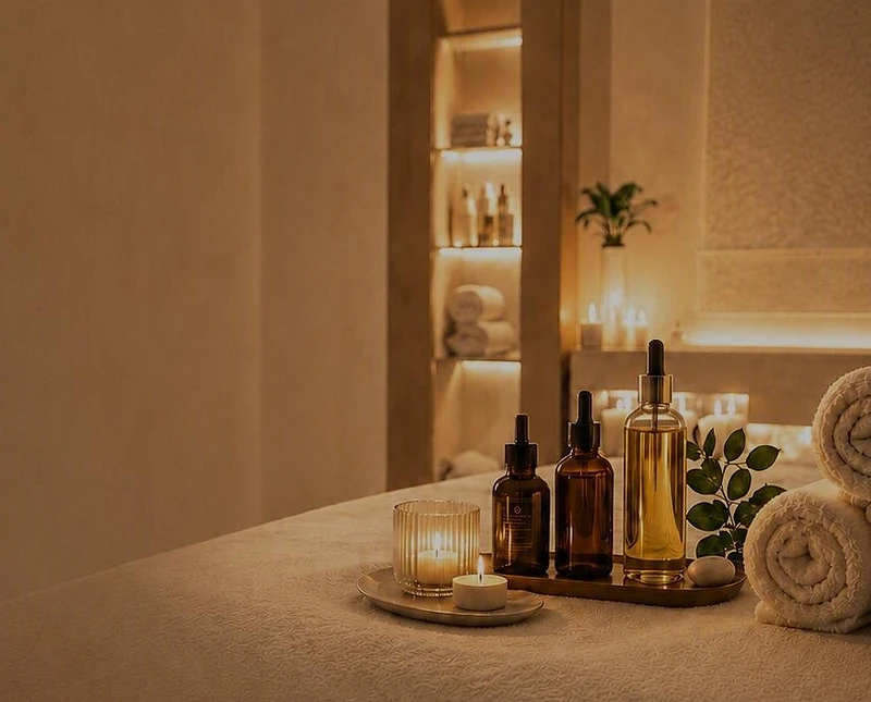 Cabine de massage chaleureuse à Afa avec bougies et huiles essentielles