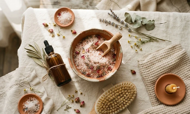 Rituel gommage : cristaux exfoliants et huile sur lin crème
