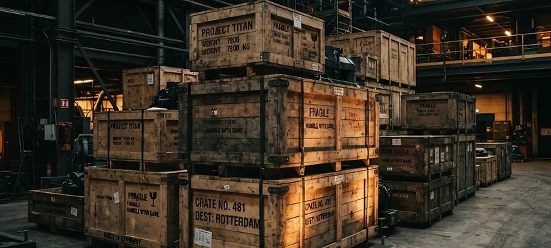 Industrial wooden shipping crates in a warehouse