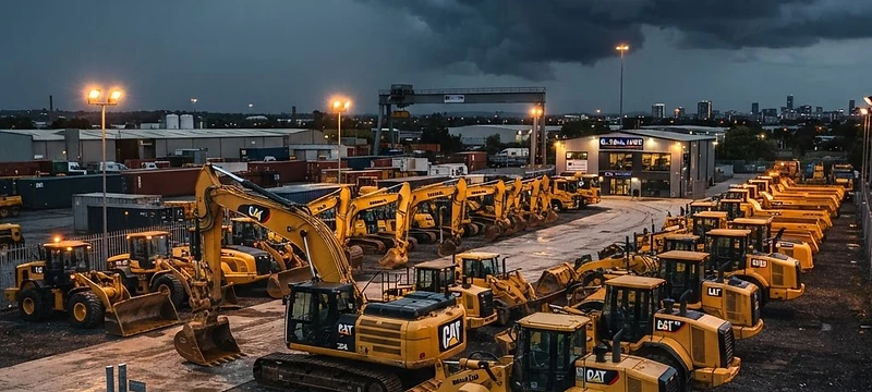 Yellow construction machinery fleet at a hire yard