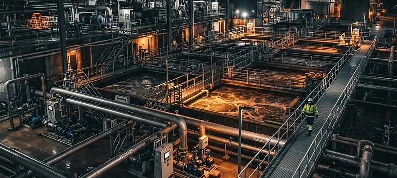 Industrial water treatment facility with treatment tanks