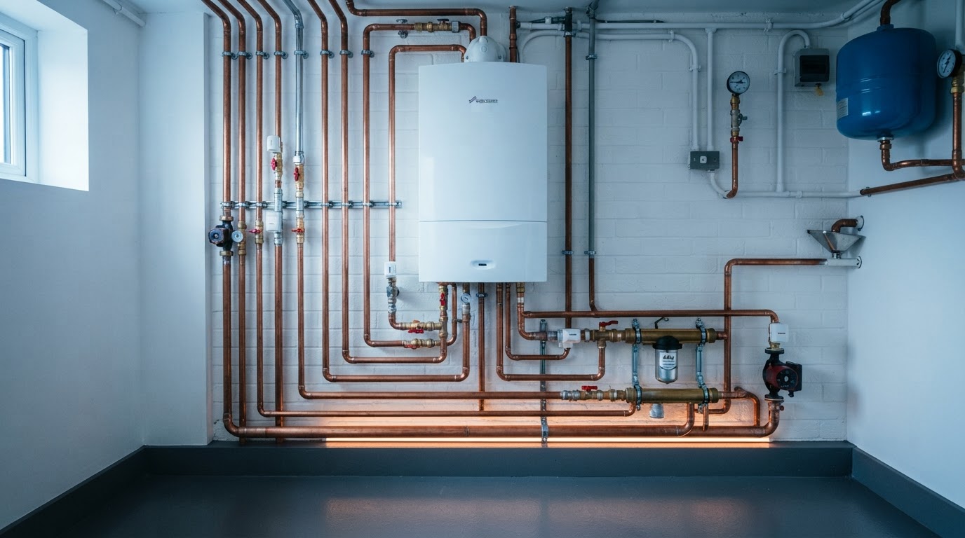 Pristine boiler installation showing copper pipe alignment — Williams A1 Plumbing Ltd