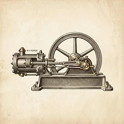 Single steam piston with flywheel, technical engraving