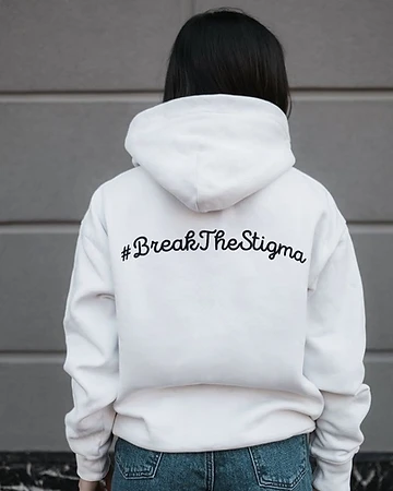 Back of the White Mental Health Matters hoodie with #BreakTheStigma