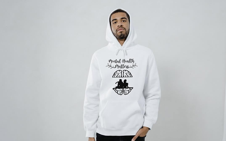 Customer wearing the White Mental Health Matters hoodie