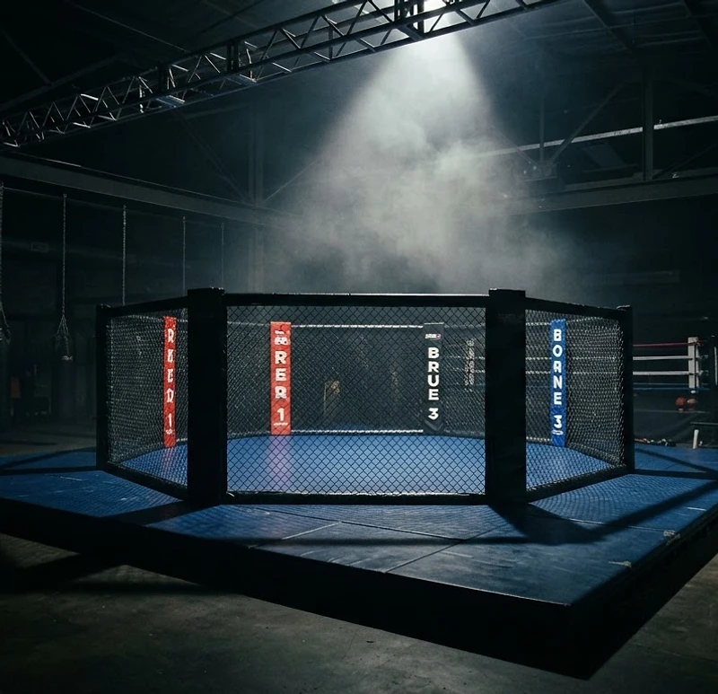 Empty AVT MMA cage under a single spotlight