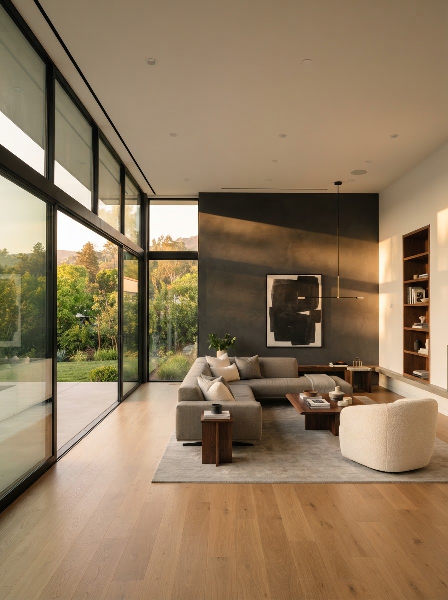 Freshly painted modern living room with charcoal accent wall