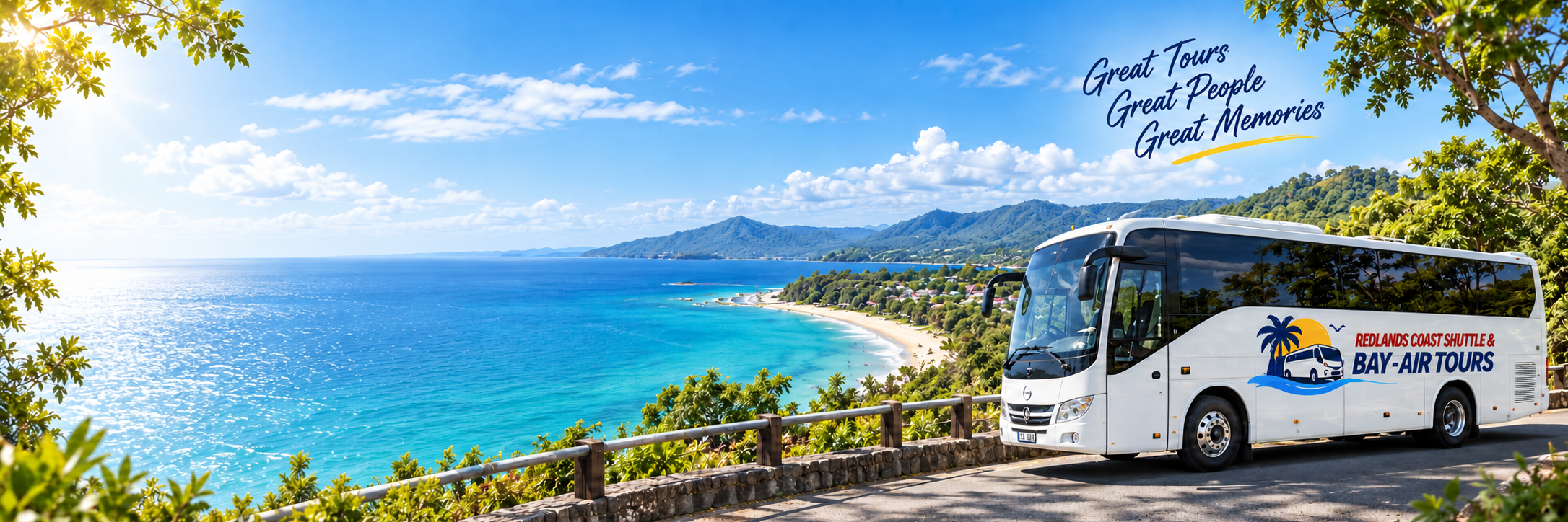 Bay-Air Tours coach on a coastal cliffside above the beach