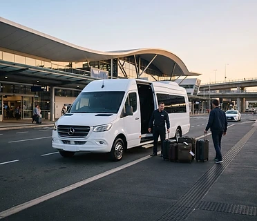 Shuttle and luggage at an airport terminal