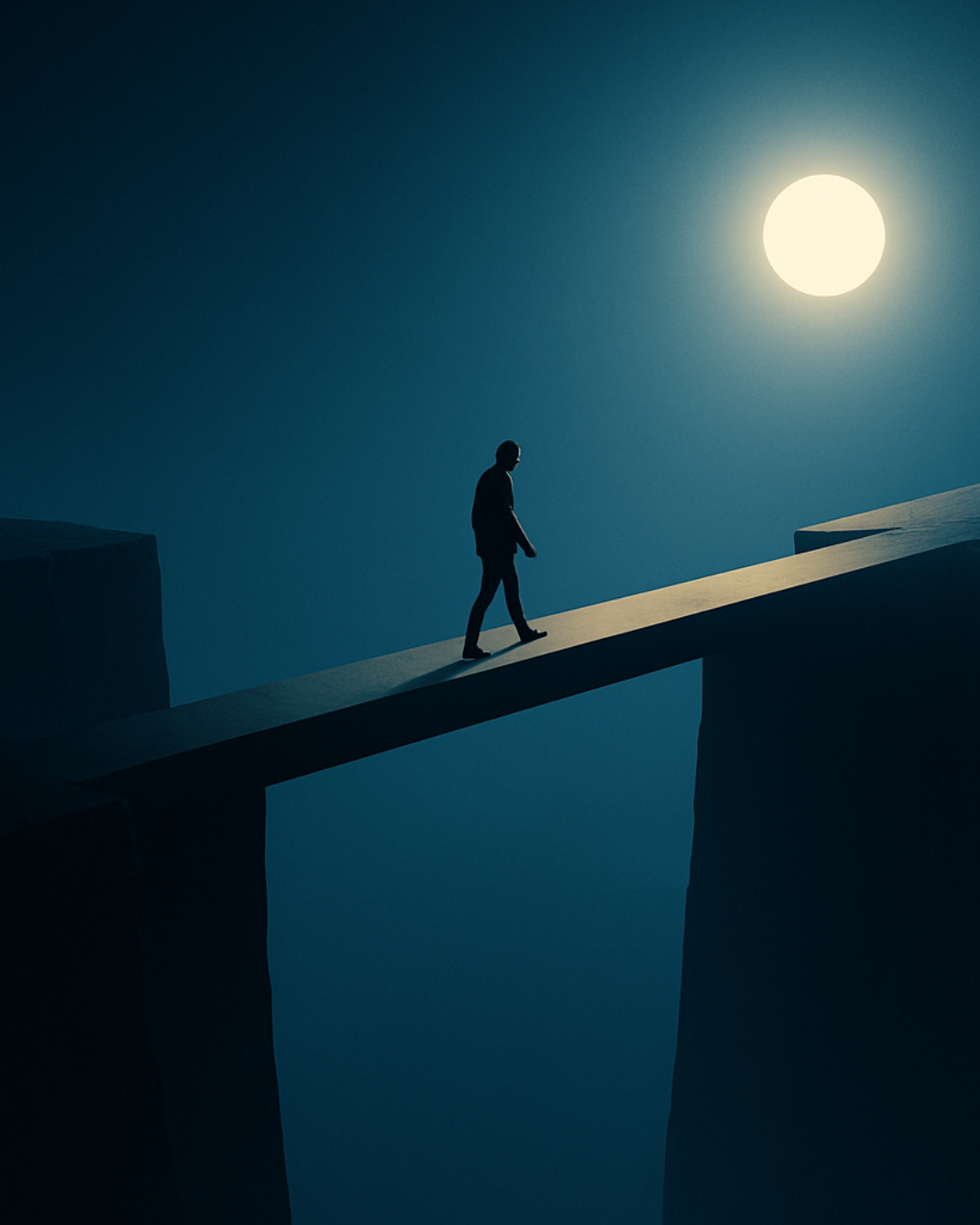 Silhouette crossing a bridge toward a full moon