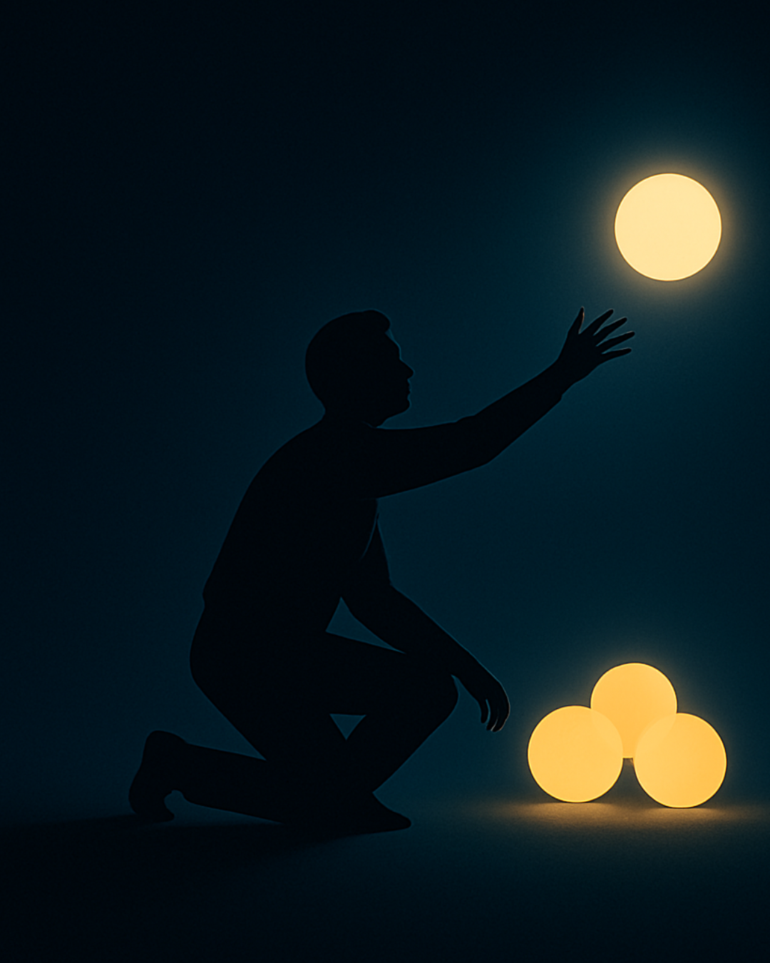 Man kneeling and reaching toward a glowing orb