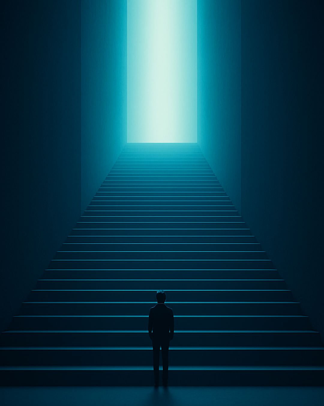 Silhouette at the base of a wide staircase lit from above