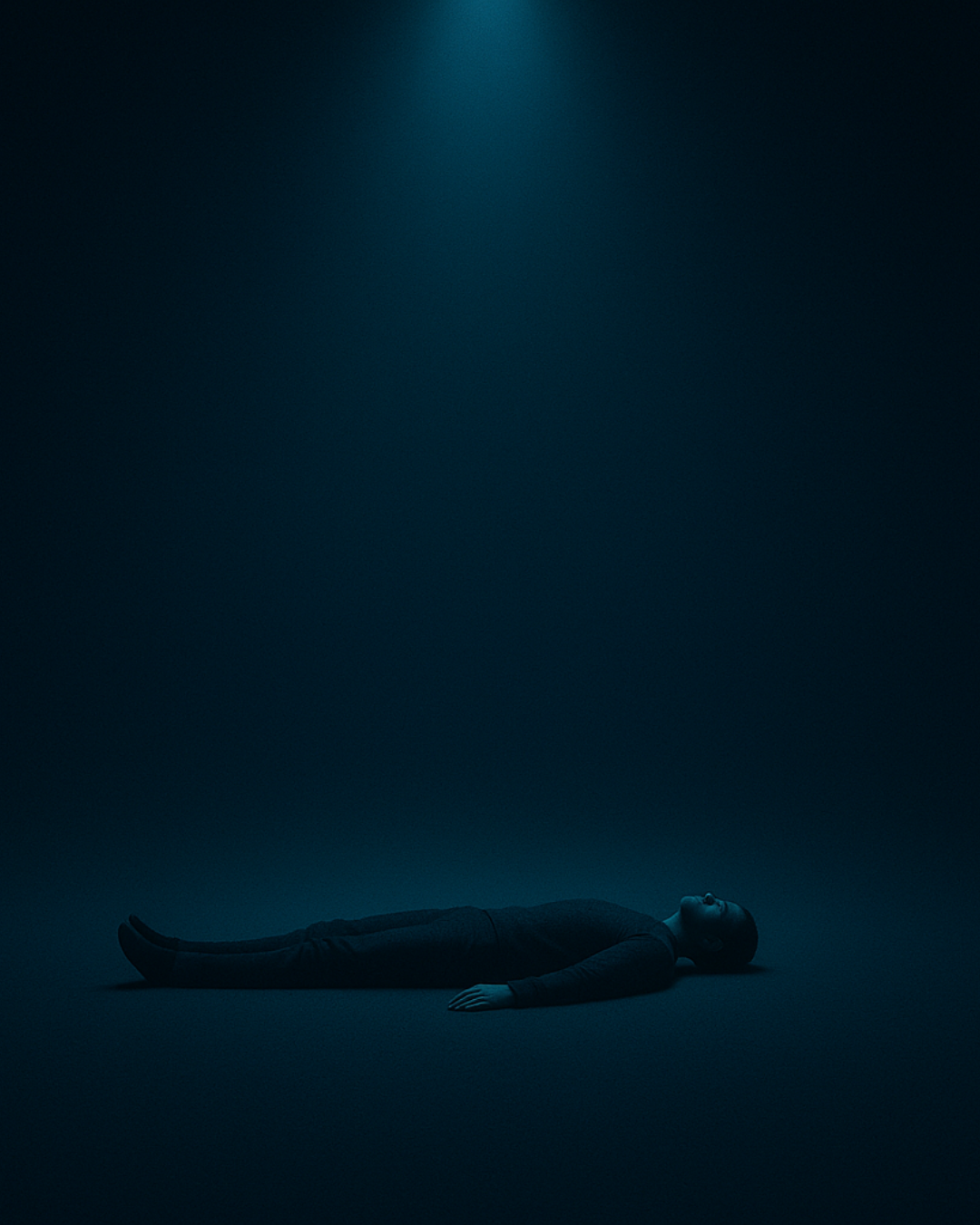 Figure lying beneath a cyan spotlight