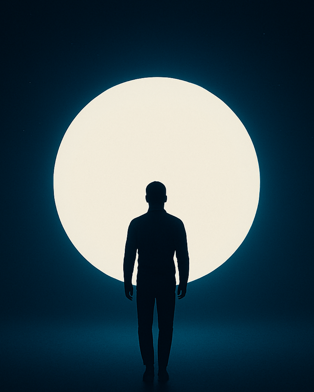 Silhouette centered before a glowing circular light