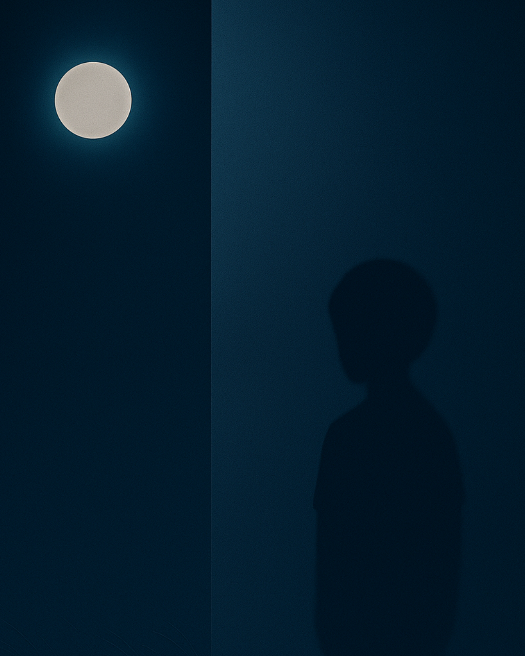 Moonlit panel beside the silhouette of a man looking right