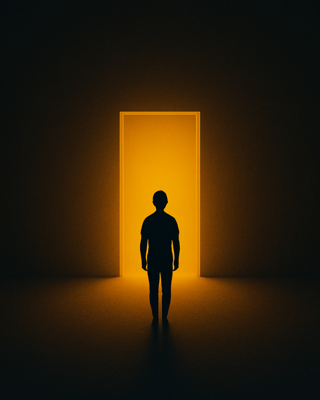 Silhouette facing a glowing doorway in a dark room