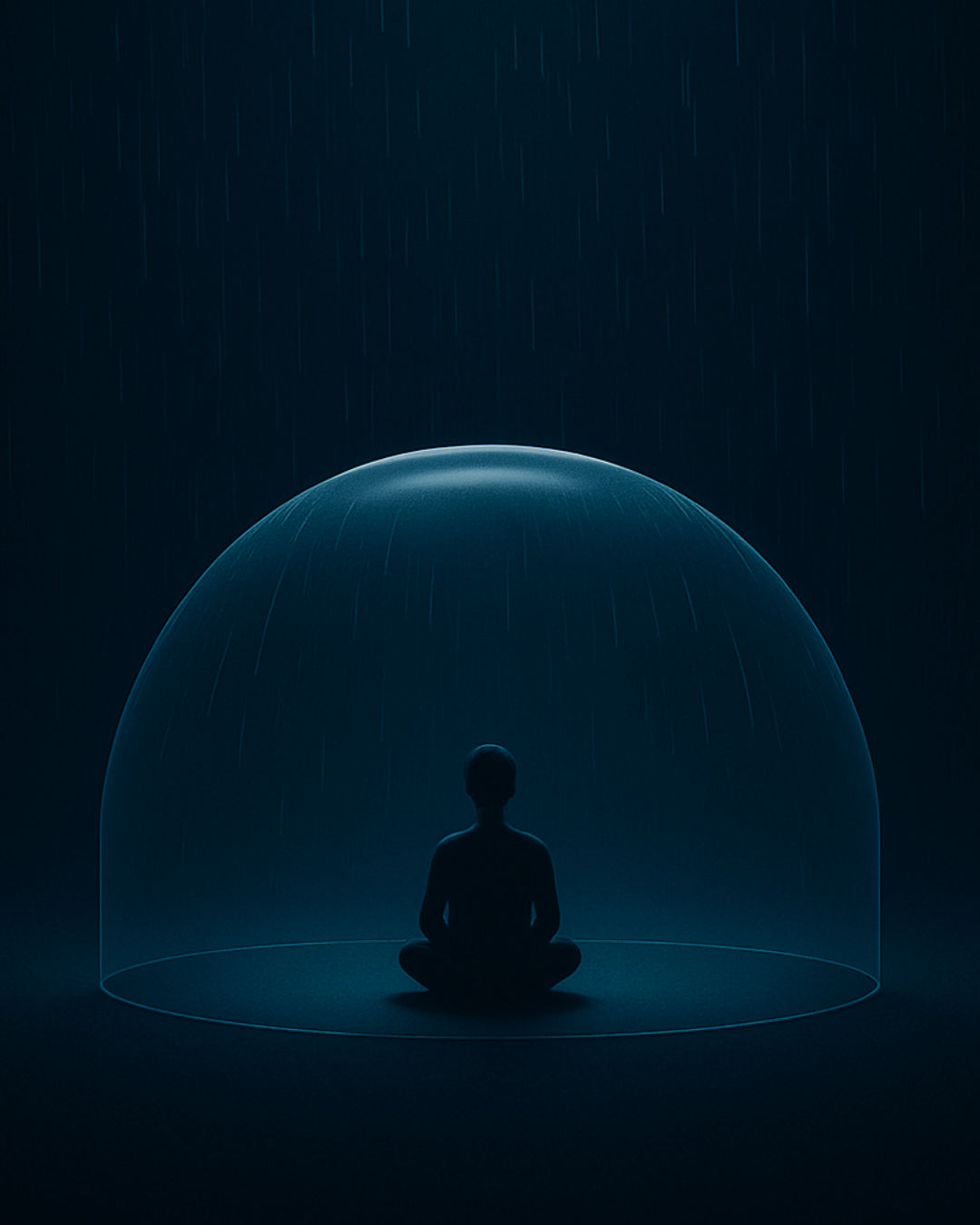 Meditating figure enclosed in a glowing cyan dome as rain falls outside
