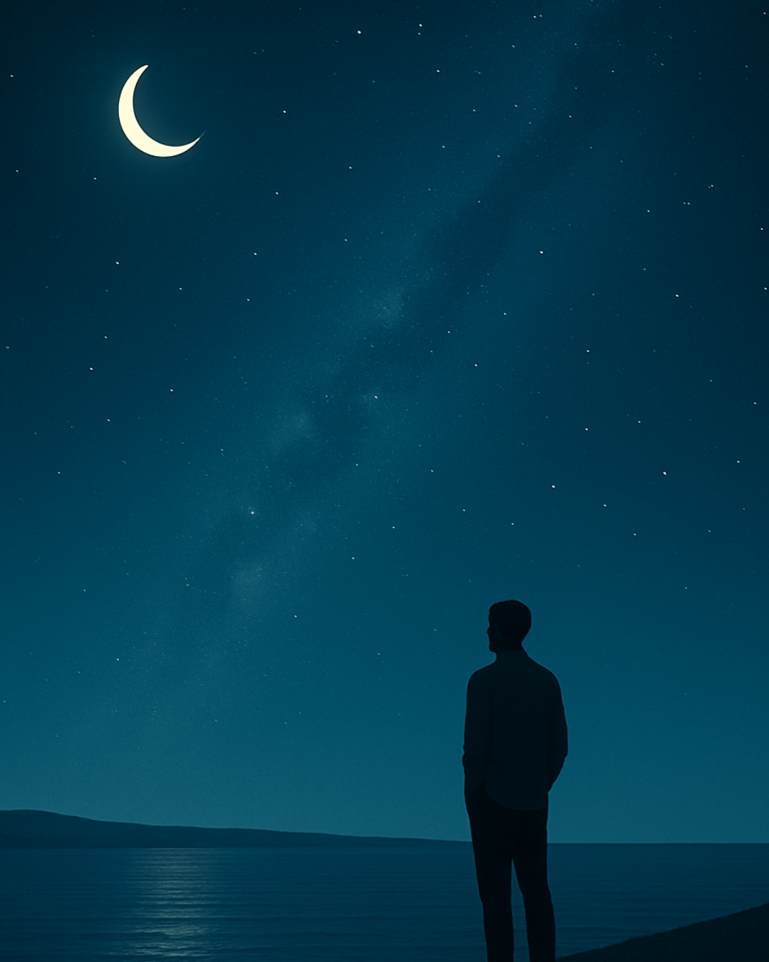 Silhouette on a shore beneath a crescent moon and starfield