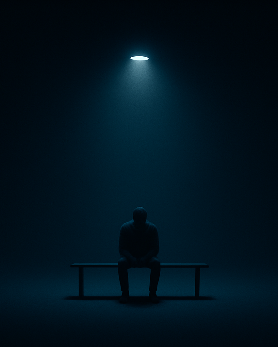 Silhouette seated on a bench under a circular spotlight
