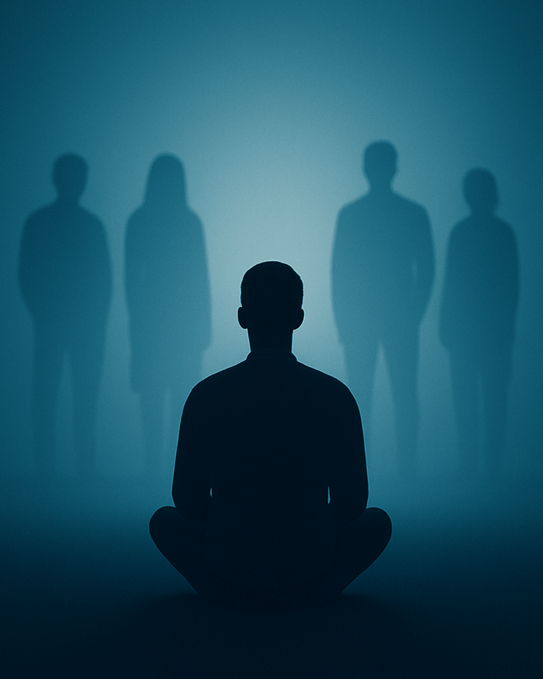 Meditating figure ringed by translucent silhouettes in teal mist