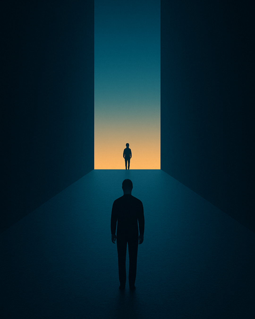 Silhouetted man facing a glowing doorway in a dark blue corridor