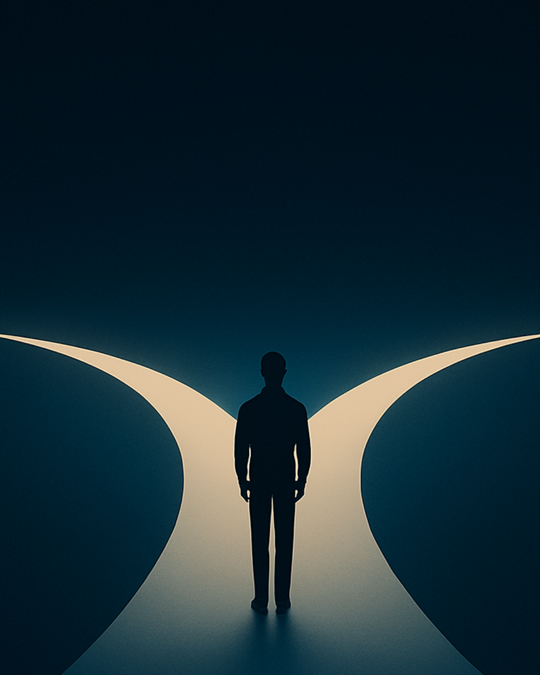 Silhouette standing at a crossroads of glowing light