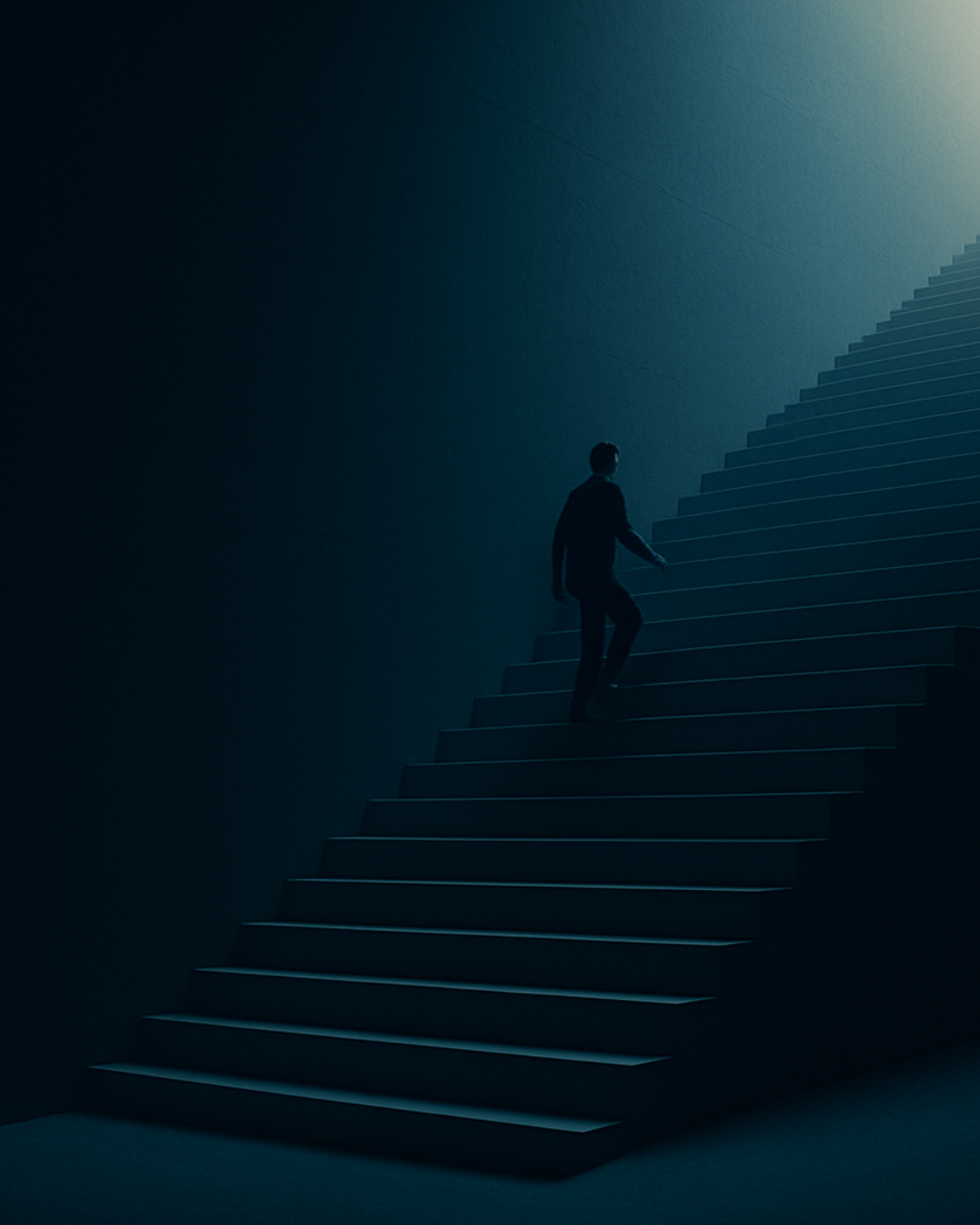 Silhouette climbing dark stairs toward a bright light