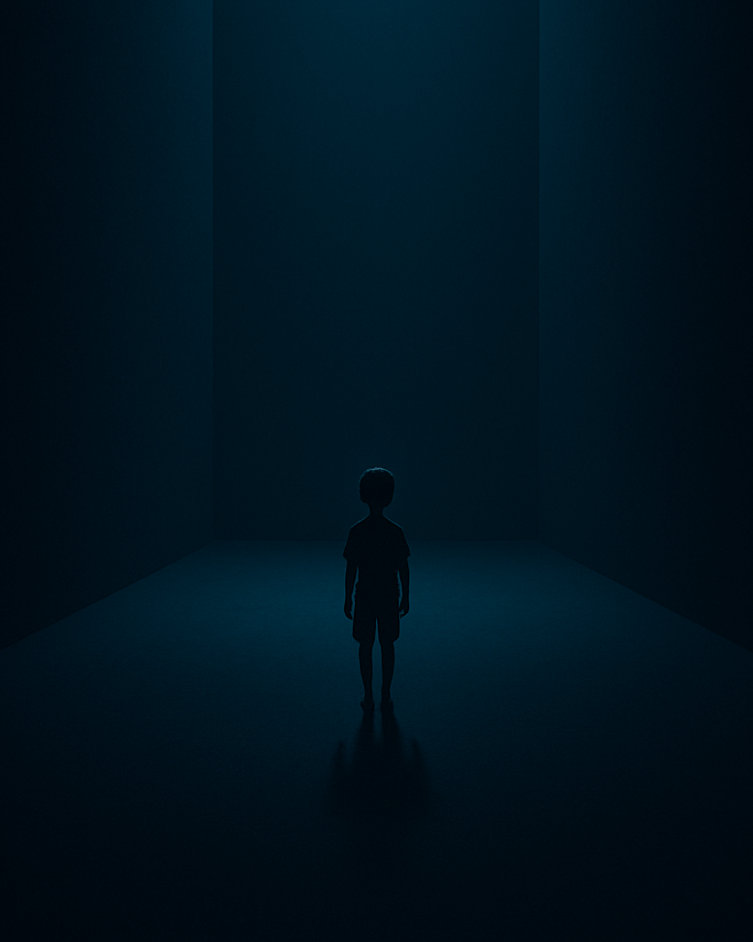 Child standing in a vast dark cavern lit by cyan glow