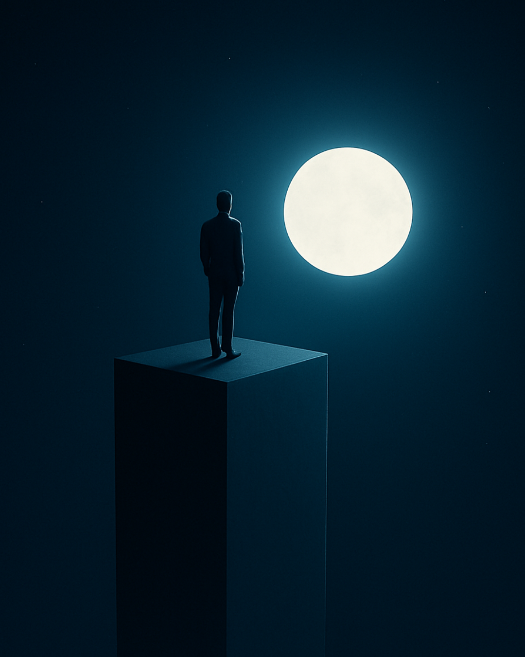 Man standing on a tall pillar beside a glowing moon
