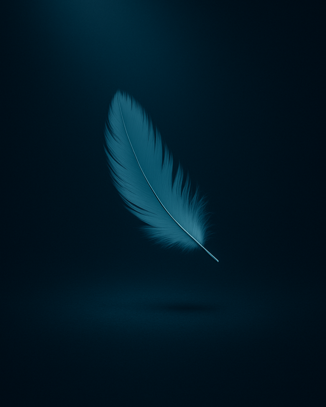 Cyan feather floating in a dark void