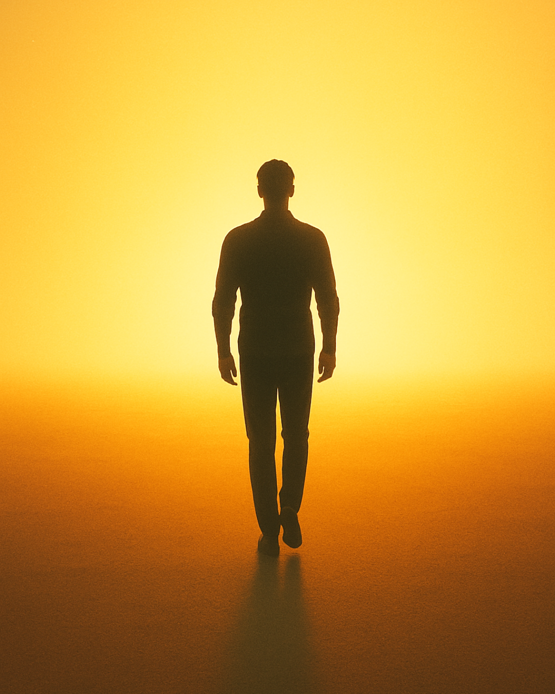 Silhouette walking away into a glowing amber expanse