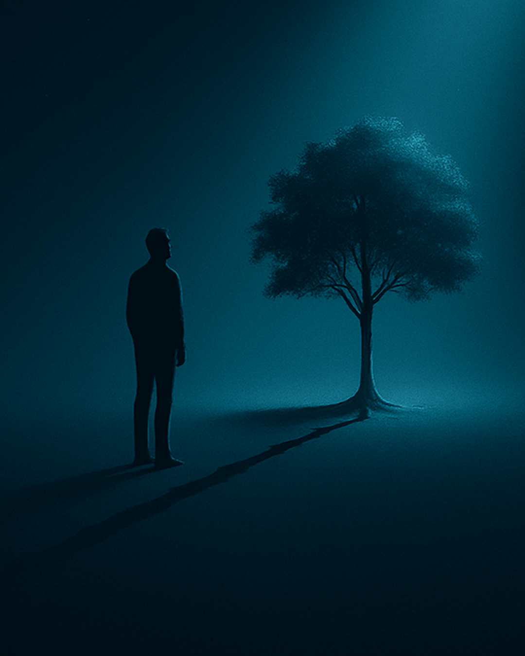 Silhouette gazing at a spotlit tree casting a long shadow