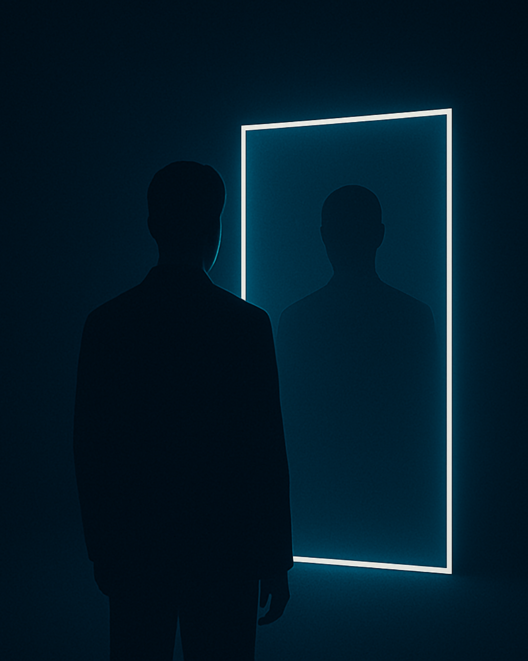 Silhouette facing a neon-framed doorway holding a second figure