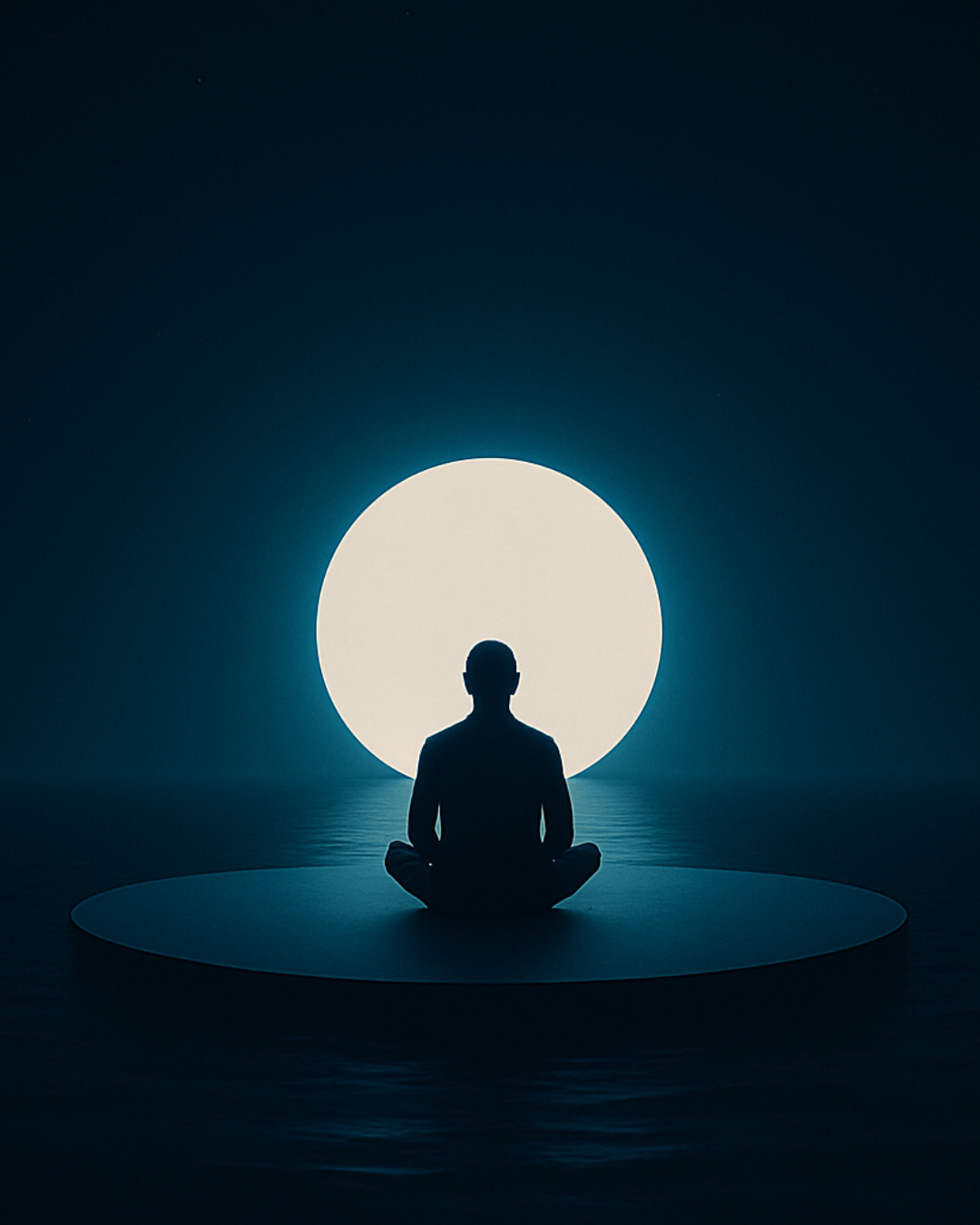 Meditating figure on a platform in still water before a moon