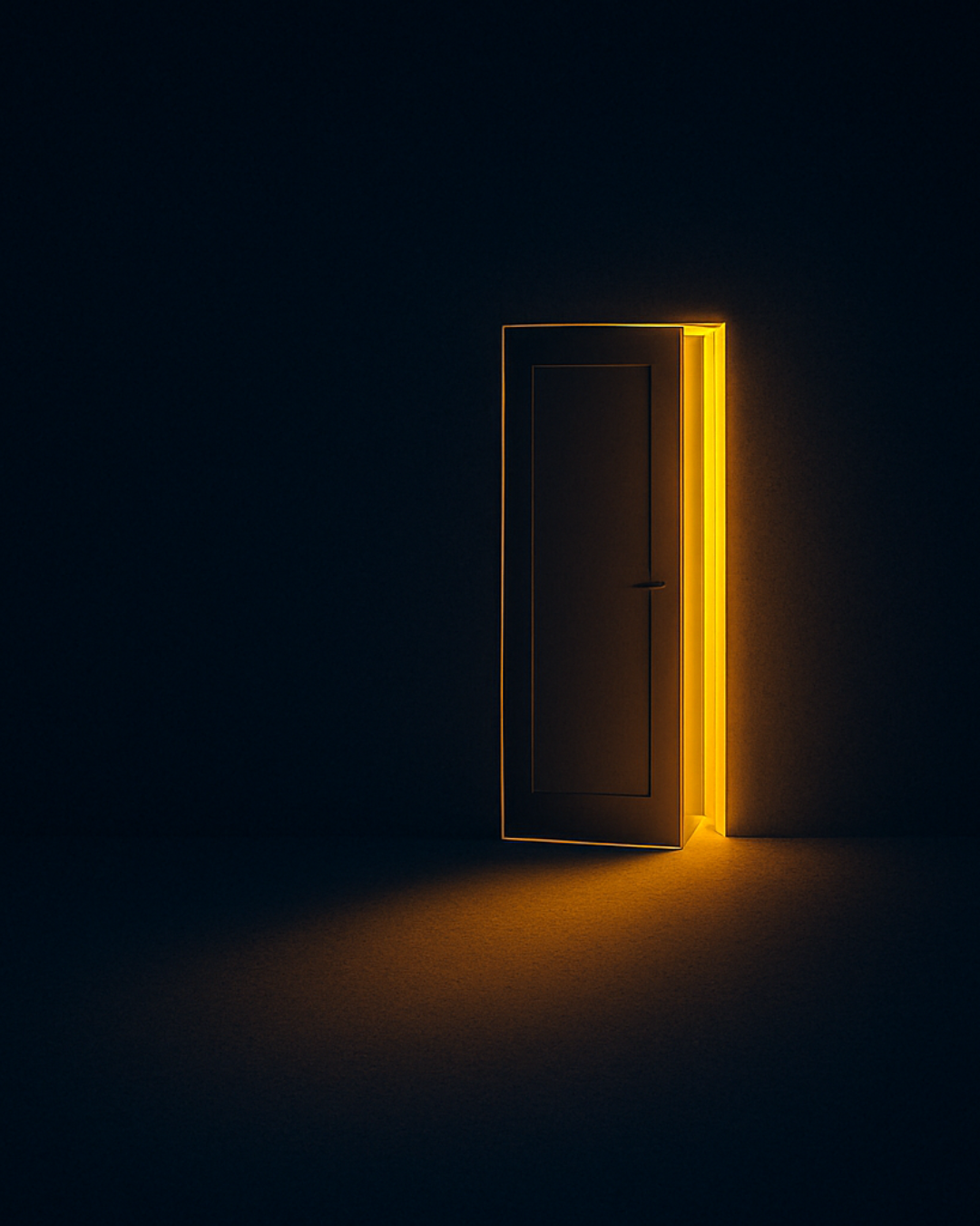 Silhouette before an amber-lit open door