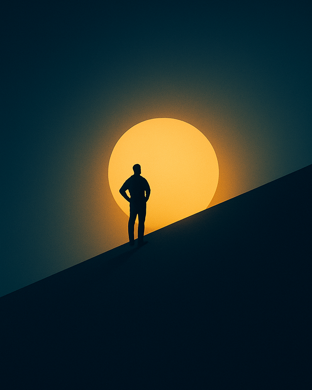Silhouette on an incline against a glowing sun