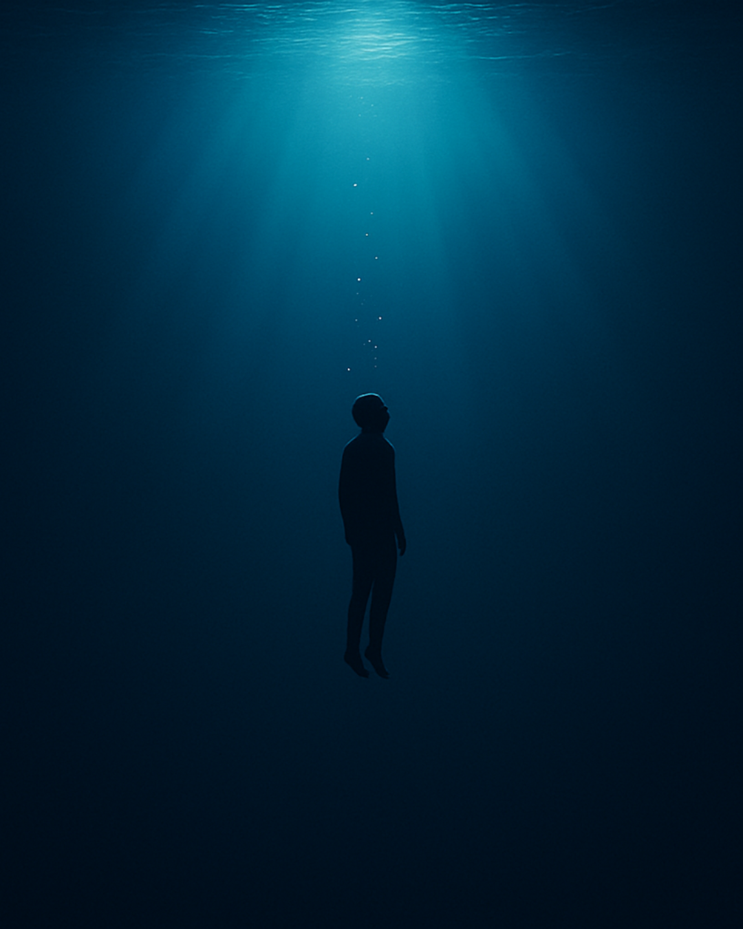 Figure floating deep underwater beneath a lit surface