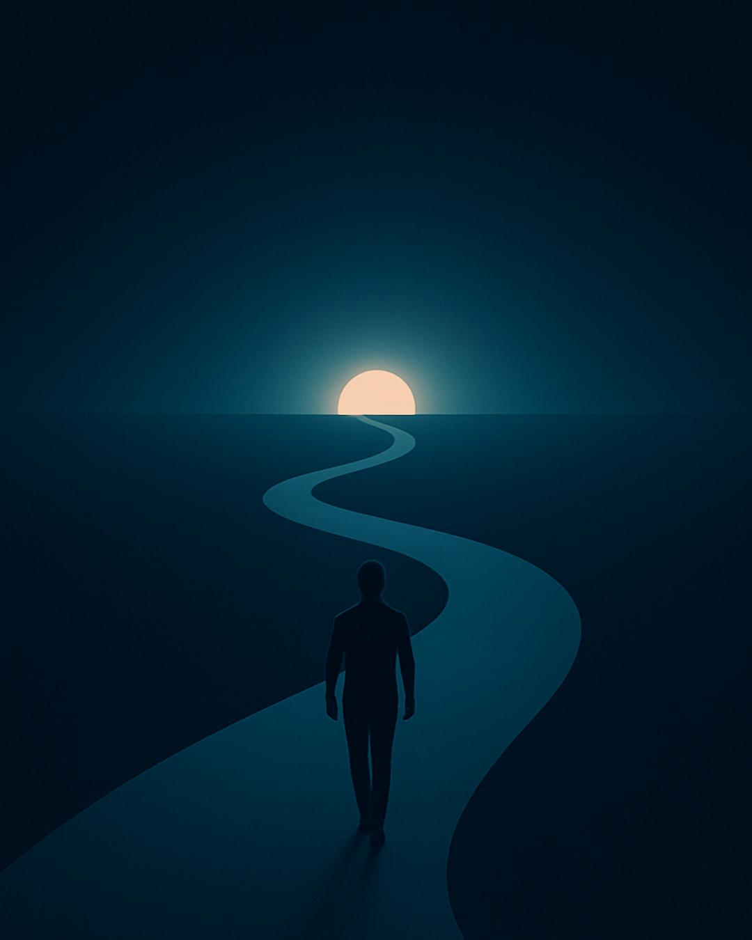 Silhouette walking a winding path toward a distant light