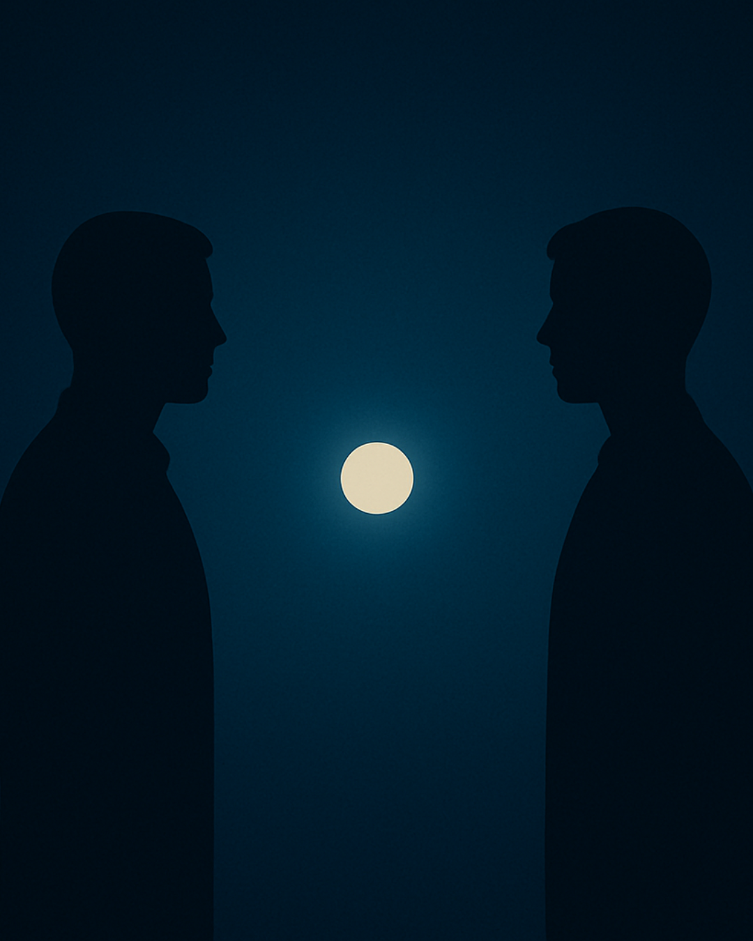 Two silhouettes facing each other with a glowing orb between them