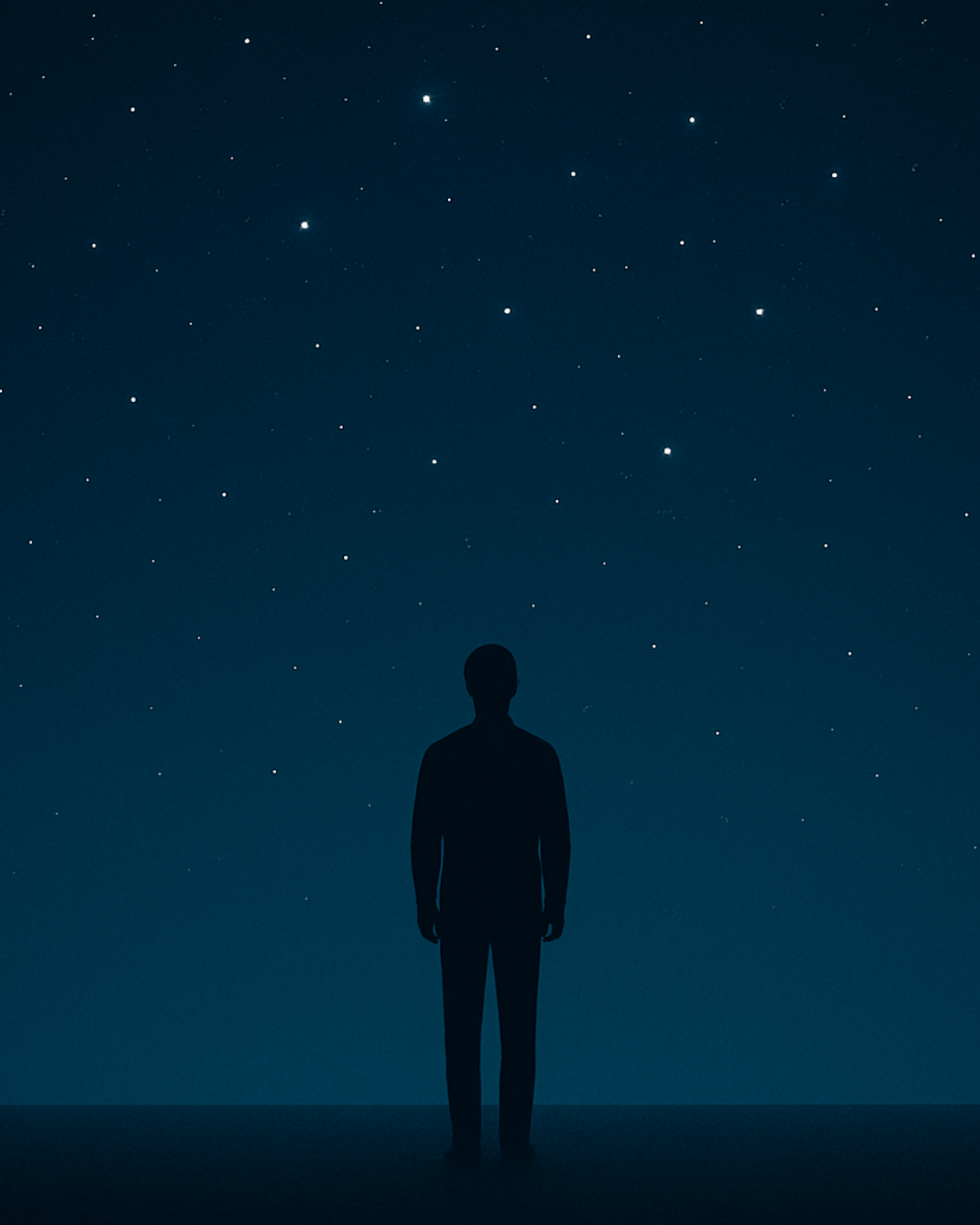 Silhouetted figure standing beneath a starfield