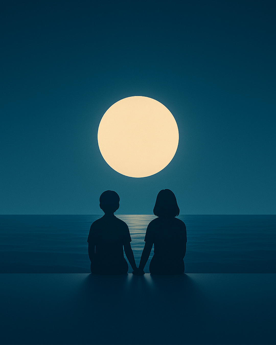 Two silhouettes holding hands before a moon over the ocean