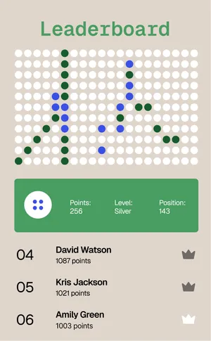 Mobile game app showing a points leaderboard
