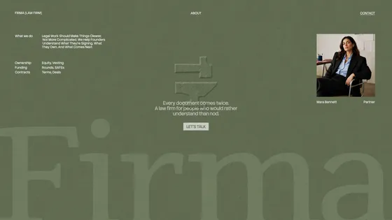 Law firm website built with Base44 – a minimalist firm homepage with practice areas, a partner photo and a contact button