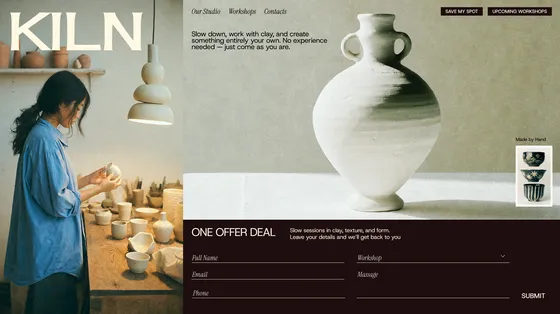 One-page website built with Base44 – a pottery studio's story, workshops and lead form on a single scroll