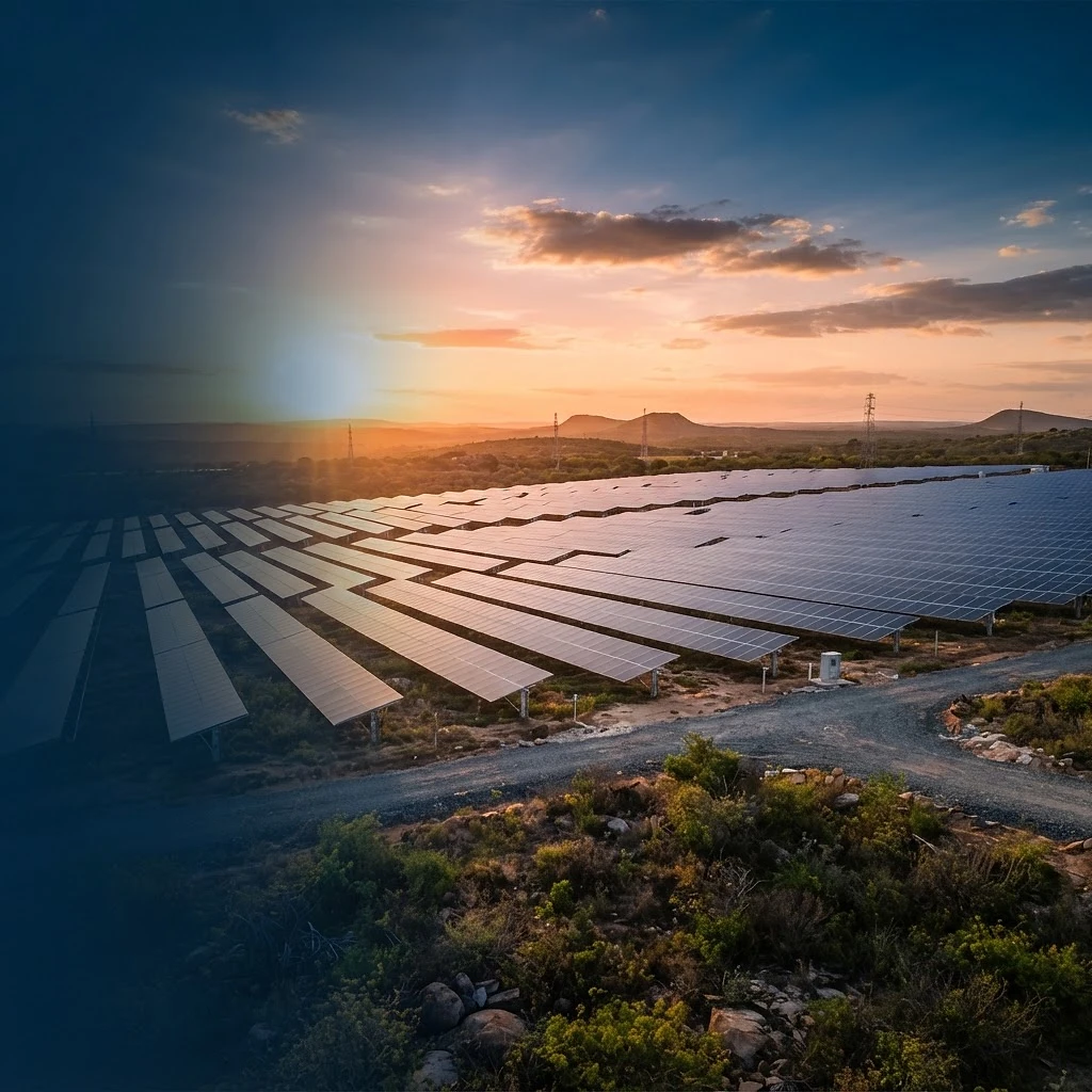 Usina solar ao entardecer